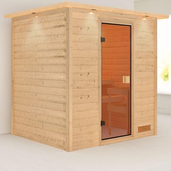 Woodfeeling Sauna Adelina (accès frontal), porte entièrement vitrée, bronzé, sans accessoires