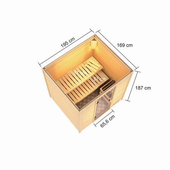 Woodfeeling Sauna Adelina (accès frontal), porte entièrement vitrée, bronzé, sans accessoires
