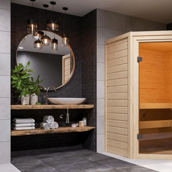 Woodfeeling Sauna Antonia (accès dangle), porte entièrement vitrée, bronzé, poêle 3,6 kWintégrée
