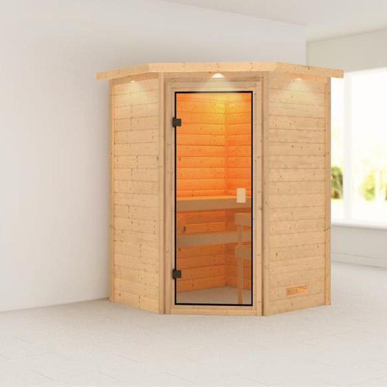 Woodfeeling Sauna Antonia (accès dangle), porte entièrement vitrée, bronzé, sans accessoires