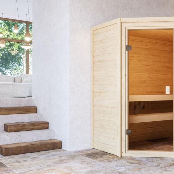 Woodfeeling Sauna Jada (accès dangle), porte entièrement vitrée, bronzé, poêle 9 kWexterne easy