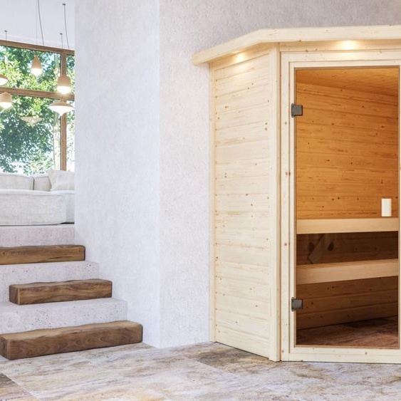Woodfeeling Sauna Jada (accès dangle), porte entièrement vitrée, bronzé, poêle 9 kWintégrée