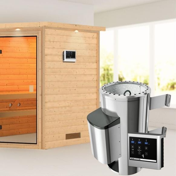 Woodfeeling Sauna Jella (accès dangle), porte entièrement vitrée, bronzé, poêle 3,6 kWexterne