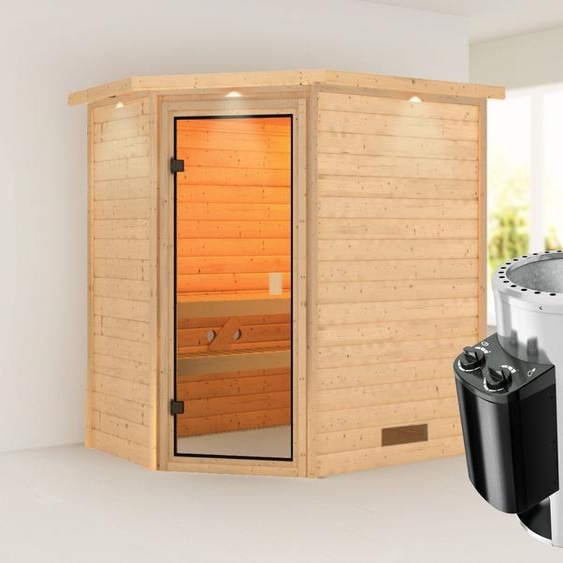 Woodfeeling Sauna Jella (accès dangle), porte entièrement vitrée, bronzé, poêle 3,6 kWintégrée
