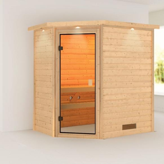 Woodfeeling Sauna Jella (accès dangle), porte entièrement vitrée, bronzé, sans accessoires