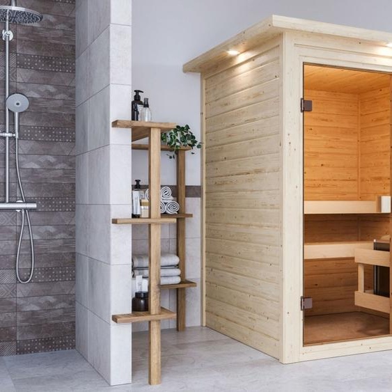 Woodfeeling Sauna Sandra (accès frontal), porte entièrement vitrée, bronzé, sans accessoires