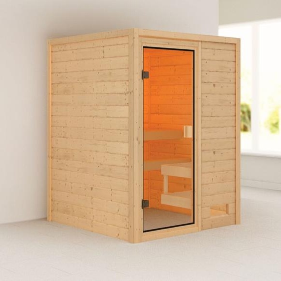 Woodfeeling Sauna Sandra (accès frontal), porte entièrement vitrée, bronzé, sans accessoires