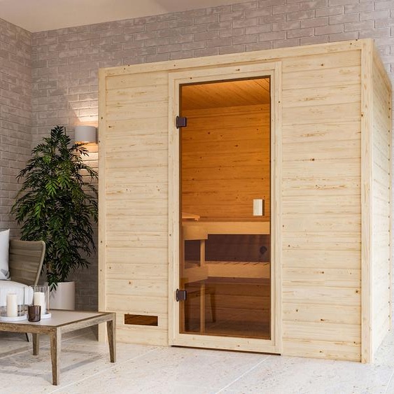 Woodfeeling Sauna Selena (accès frontal), porte entièrement vitrée, bronzé, sans accessoires