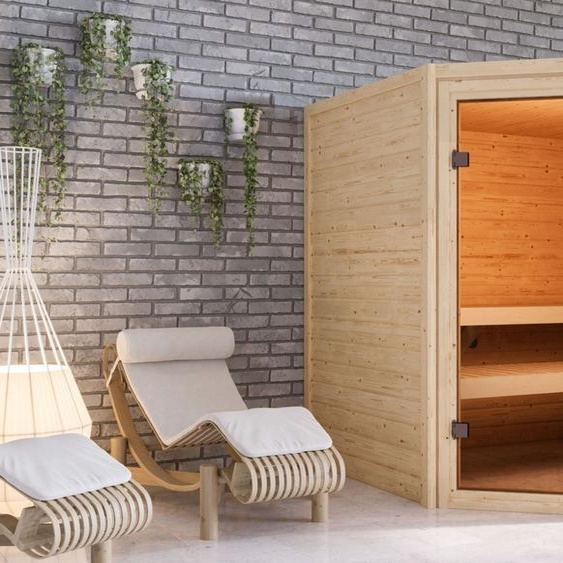 Woodfeeling Sauna Tabea (accès dangle), porte entièrement vitrée, bronzé, poêle 9 kWintégrée