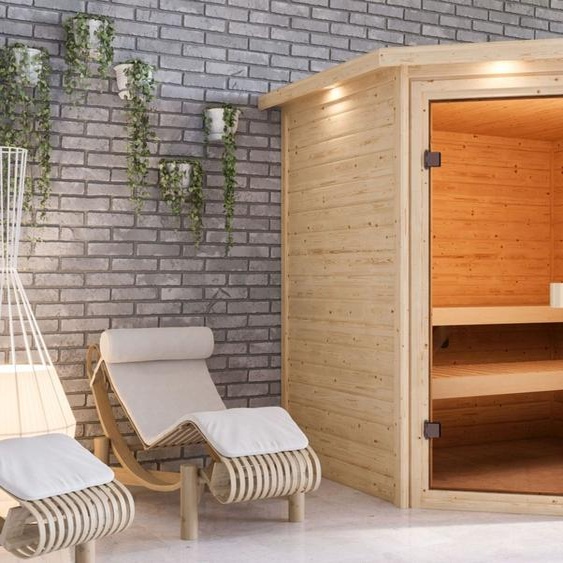 Woodfeeling Sauna Tabea (accès dangle), porte entièrement vitrée, bronzé, sans accessoires