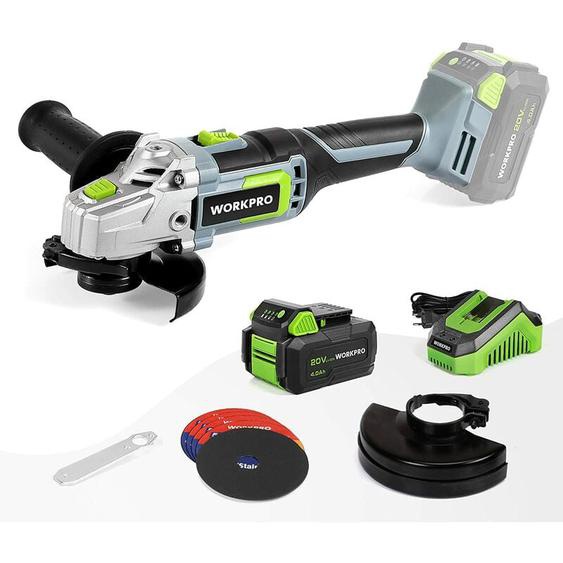 Workpro - Meuleuse dangle sans Fil 20V avec Batterie 4,0Ah, Ø125mm, Meuleuse Electrique sans Fil Léger avec 5 Disques à Tronçonner, 2 Capots de