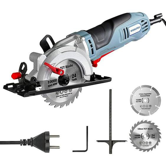 Mini Scie Circulaire 750W, 4700 tr/min, Profondeur de Coupe 45mm (90°), 28mm (45°), Avec Rail de Guidage, 2 Lames (Ø120mm et Ø115mm), Règle de Guide,