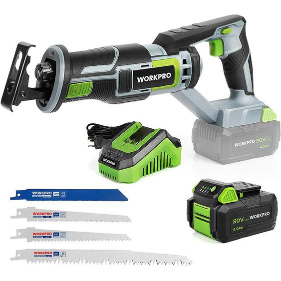 Workpro - Scie Sabre sans Fil 20V, Scie Sabre à Batterie 4,0Ah, Scie Alternative sans Fil avec 4 Lames de Scie, Idéal pour Couper Bois, Métal et pvc,