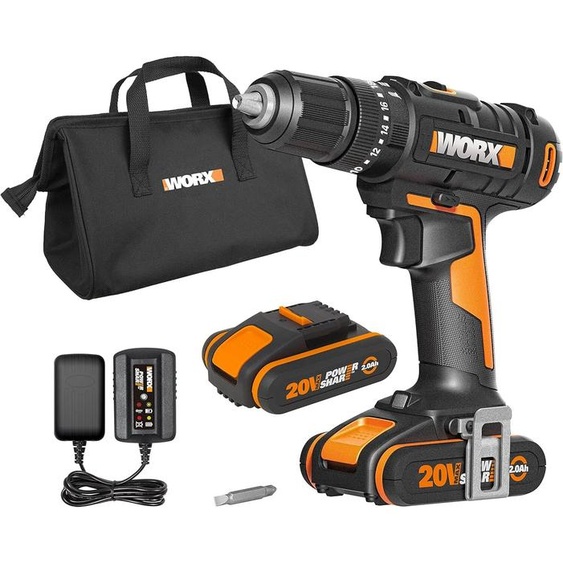 WORX WX370.1 Perceuse-visseuse à percussion sans fil 20V - 50Nm, 2 vitesses & lumière LED - pour visser, percer & percussion - 2x 2Ah batteries & chargeur, 13 mm