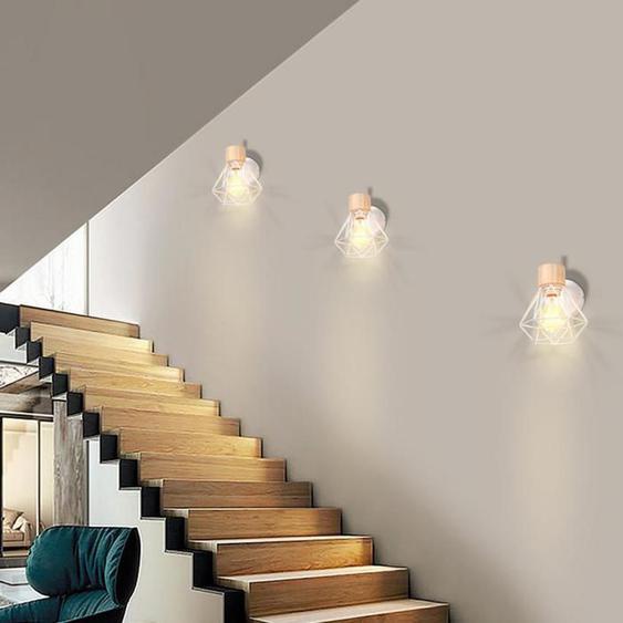 WOTTES Applique Murale Vintage Industrielle Interieur 3PCS - Luminaire en Bois et Métal Blanc Cage Ronde Ø16*20cm - pour Cuisine