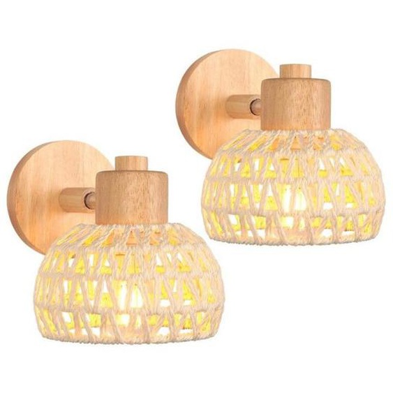 WOTTES Lot de 2 Applique Murale Intérieure, Ø15CM Blanc Lampe Murale en Bois et Rotin Rétro E27 Luminaire Vintage pour Cuisine