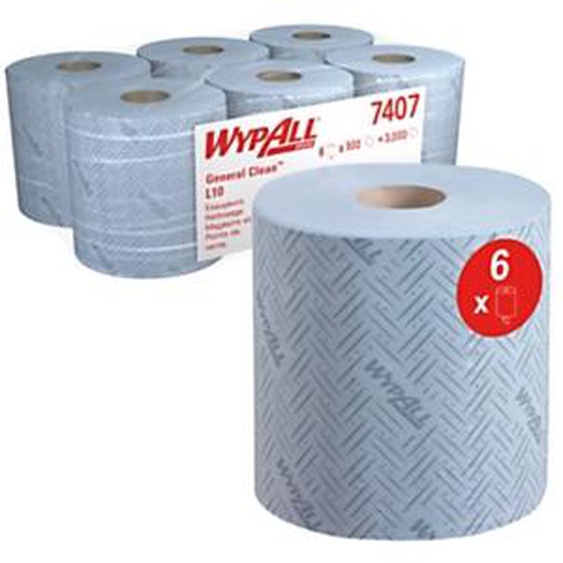 Wypall L10 Papier dessuyage simple épaisseur 500 feuilles 185 mm - 7407 - Bleu - Lot de 6 bobines de 190 m