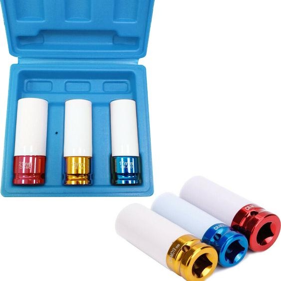 XINZI 3 pces douilles à choc 1/2 - 17/19/21mm, acier chrome vanadium, anti-rayures, avec coffret, pour changement de pneus