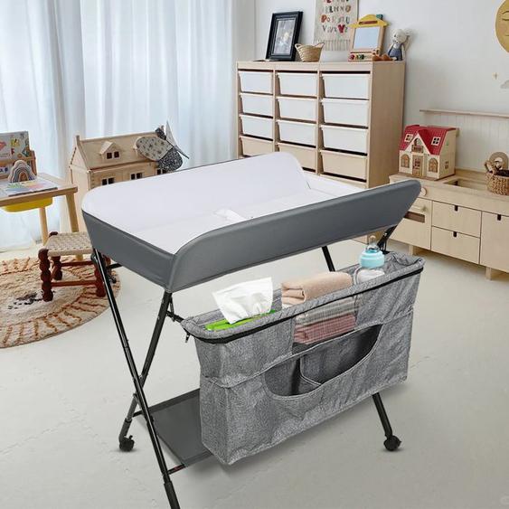 XJING-Tableau de soins pour bébé pliant - Portable - ne prend pas de place - avec 4 roues - tissu étanche - Gris - 80*63*93-99 CM
