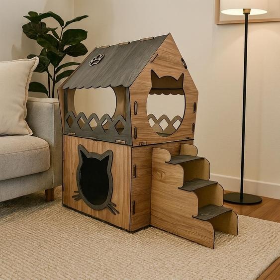 XL maison pour chats à 2 étages en MDF avec escalier - villa pour chats avec balcon, système dassemblage, meuble pour chats dintérieur, 68×42×35 cm