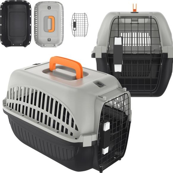 XMTECH Caisse de transport pour chiens et chats, caisse de transport pour animaux en plastique, caisse de transport pour lapins et chats 48 x 32 x 32 cm, noir - gris
