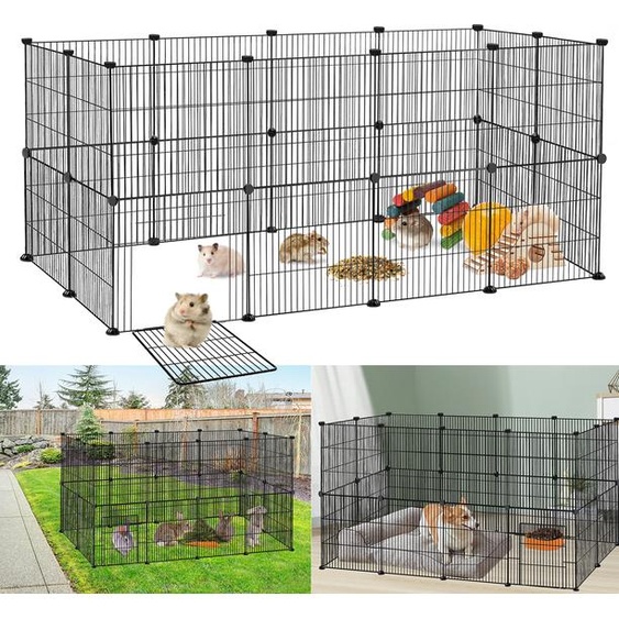 XMTECH Enclos grillagé pour lapins en métal grillagé avec porte DIY 24 panneaux Enclos pour petits animaux Cochons dInde Enclos libre, cage pour petits animaux Parc pour lapins pour intérieur - extérieur, noir 142 x 72 x 72 cm