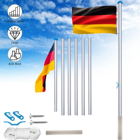 XMTECH Mât de drapeau en aluminium 6,50m réglable en hauteur, y compris le drapeau allemand Mât de drapeau à câble et douille de sol stable Drapeau