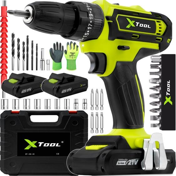 XTool Kit perceuse-visseuse à percussion sans fil 21V, visseuse sans fil avec 2 batteries Li-Ion 2000 mAh 2 vitesses 25 positions de couple Perceuse avec lumière LED avec coffret