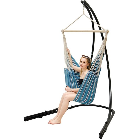 XXL Fauteuil hamac avec support Chaise hamac pour 2 Chaise longue suspendue Bleu Blanc