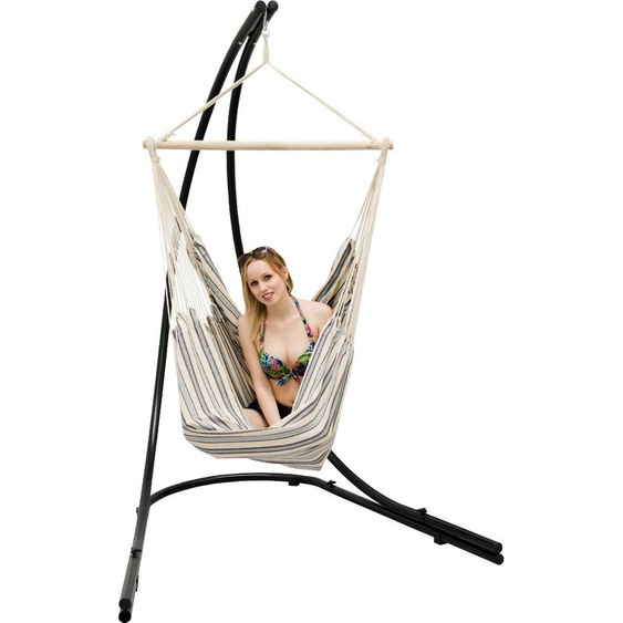 XXL Fauteuil hamac avec support Chaise hamac pour 2 Chaise longue suspendue Rayures Beige