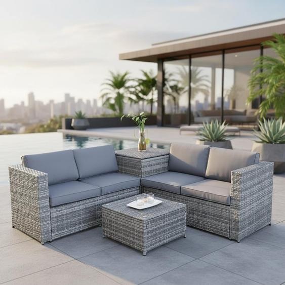 XXL PolyRattan Salon + Coffre de rangement Canapé de jardin Ensemble de jardin gris