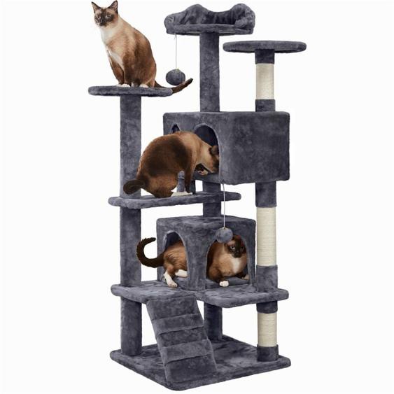 Yaheetech - Arbre à Chat avec 2 Niches 3 Plateformes 2 Boules en Sisal Arbre à Grimper Multi-Niveaux Hauteur 137cm Idéal pour 3-4 Chats Gris Foncé
