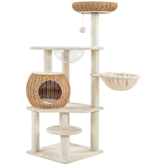 Arbre à Chat en Rotin Tour pour Chat en Peluche avec Cachette Ronde Perchoir Paniers Griffoir en Sisal Jouet Design Moderne 137,5 cm de Haut Beige