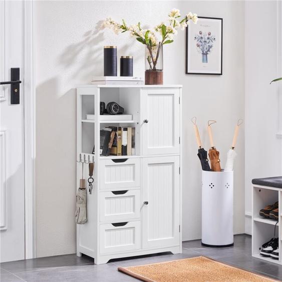 Yaheetech - Armoire Rangement Salle de Bain, 3 Tiroirs 2 Casiers 4 Crochets 2 Placards, Étagère Réglable en Hauteur, 60 × 30 × 107 cm, Meuble