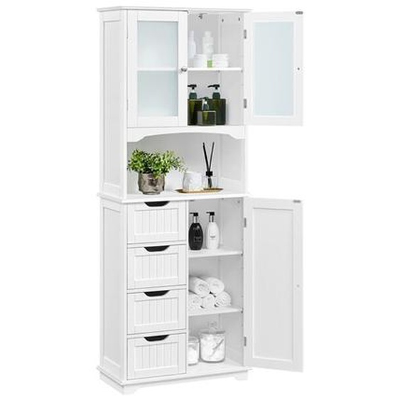 Yaheetech Armoire Salle de Bain Rangement Haute, Colonne Rangement, avec 4 Tiroirs, Placard avec 2 Porte en Verre Trempé, Étagère Réglable, Buffet