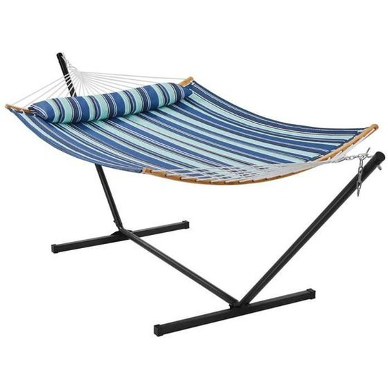 Yaheetech Hamac avec Support en Métal Hamac sur Pied pour 2 Personnes Toile avec Barre Oreiller Charge 216 kg Vert Rayé