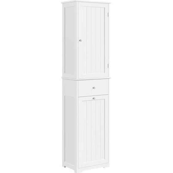 Yaheetech Meuble Colonne Salle de Bain Armoire avec 1 Panier à Linge 1 Tiroir 2 Étagères Ajustables 45 × 30 × 180 cm Blanc