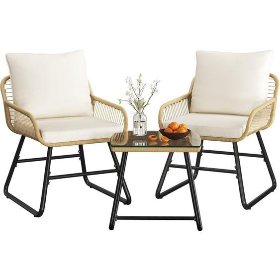 Yaheetech Salon de Jardin 2 Personnes en Polyrotin avec 2 Fauteuils 1 Table Basse en Plateau en Verre Trempé Beige/Crème