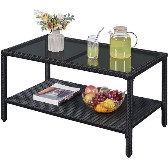 Yaheetech Table Basse de Jardin en Polyrotin avec Plateau en Verre Trempé Étagère Table dExtérieur 925 × 505 × 475 cm Noir