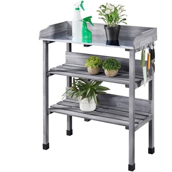 Yaheetech - Table de Rempotage Extérieure en Bois Table pour Semis Bois Sapin avec Étagère de Rangement 3 Crochets Latérales Gris
