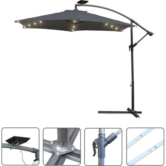 Yakimz Parasol avec éclairage LED Parapluie 350cm - Protection solaire, Parasol de jardin - Gris