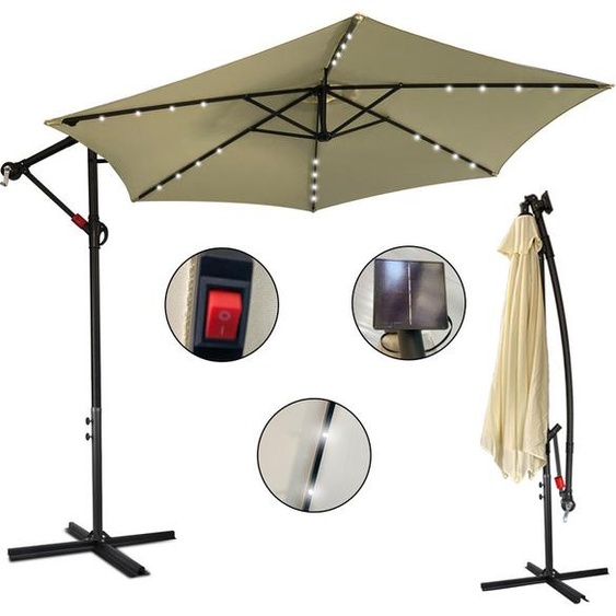Yakimz Parasol Beige LED Solar Ø350cm Parapluie de jardin Parasol de marché Manivelle Balcon Alu Inclinable