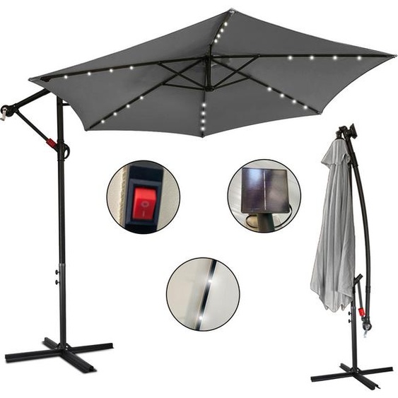 Yakimz Parasol Gris LED Solar Ø350cm Parasol de jardin Parasol de marché Manivelle Balcon Alu Inclinable