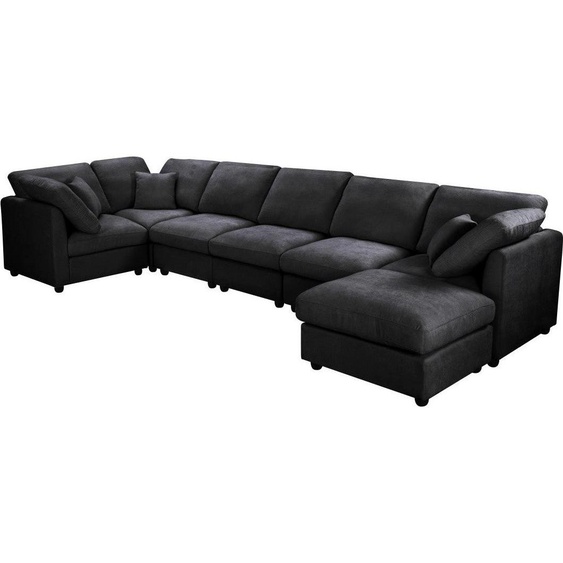 YHL Voyura 2213 Canapé longue chaise de salon chenille moderne - 6 places - accoudoirs carrés - Noir
