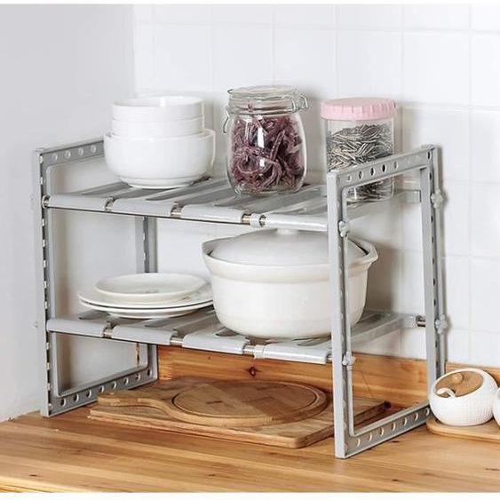 YIS Étagère de Rangement sous évier en Acier Inox et Plastique PP, 2 Niveaux Étagère Extensible Organisateur Multifonctionnel, Gris