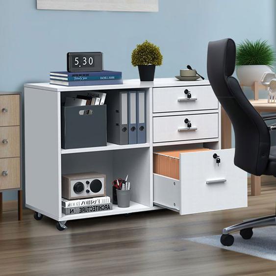 YITAHOME Caisson de Bureau à Roulettes, Armoire de Bureau en Bois avec 3 Tiroirs 2 Compartiments Ouverts, Blanc, 40 x 89 x 66 cm