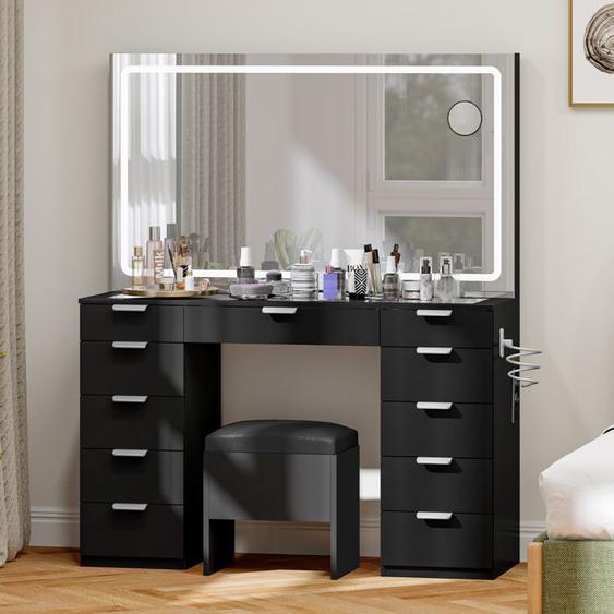 YITAHOME Coiffeuse avec Éclairage LED, avec Miroir, Table de Maquillage avec Prise Électrique, 11 Tiroirs, Noir, 114 x 40 x 139 cm