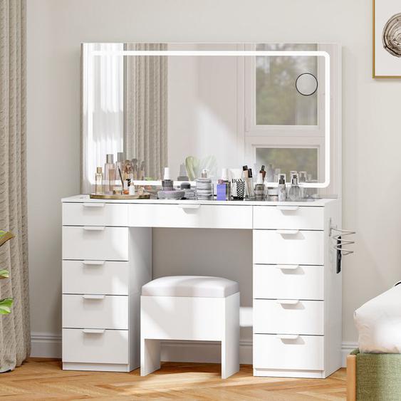 YITAHOME Coiffeuse avec Éclairage LED, Miroir, Table de Maquillage avec Prise Électrique, 11 tiroirs, Blanc, 114 x 40 x 139 cm