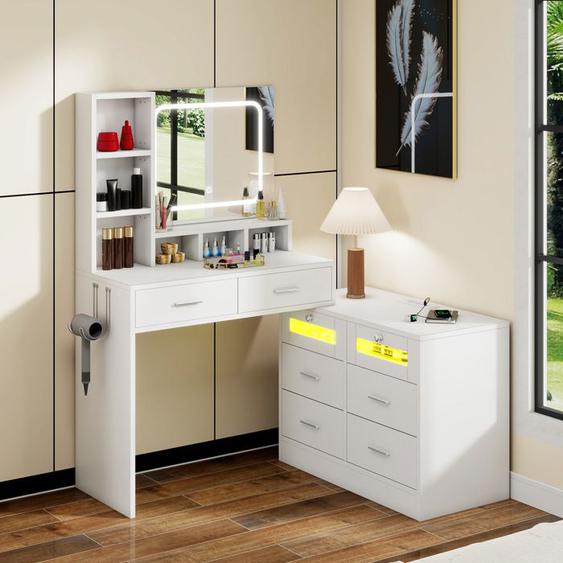 YITAHOME Coiffeuse avec Miroir et Éclairage, Commode 6 tiroirs, Luminosité Réglable, avec USB prise RVB, Blanc, 140 x 40 x 135 cm