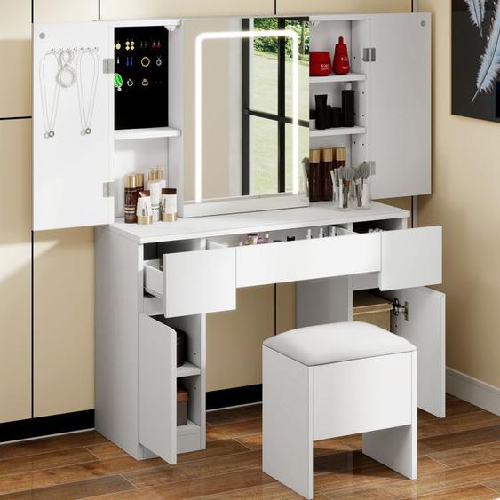 YITAHOME Coiffeuse avec Miroir Tabouret, Table de Maquillage avec Éclairage LED, 3 Tiroirs, Blanc, 106 x 40 x 140 cm